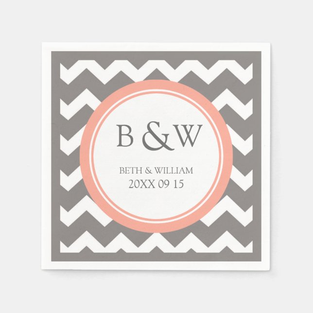 Custom Monogram Wedding Napkin Coral Gray Zickzack Serviette (Vorderseite)