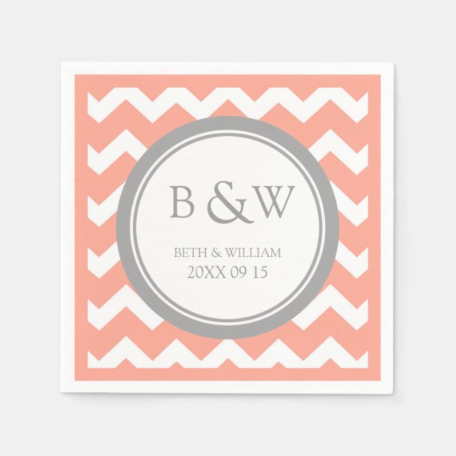 Custom Monogram Wedding Napkin Coral Gray Zickzack Serviette (Vorderseite)