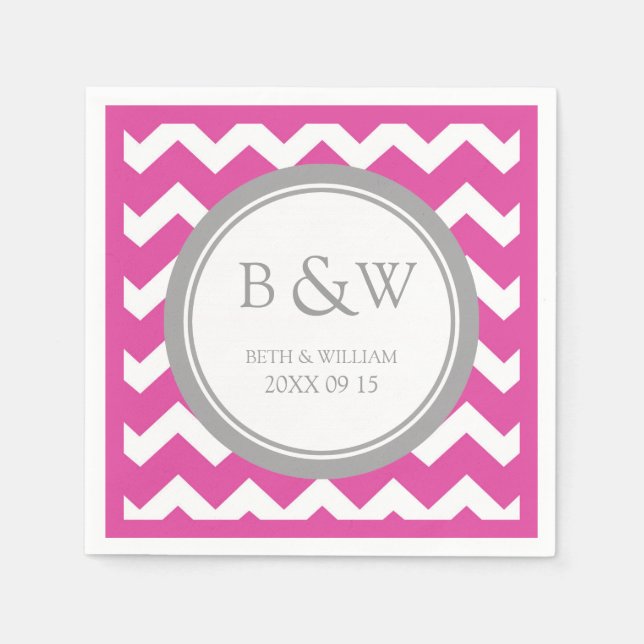 Custom Monogram Wedding Napkin Pink Gray Zickzack Serviette (Vorderseite)