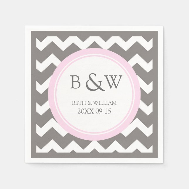 Custom Monogram Wedding Napkin Pink Gray Zickzack Serviette (Vorderseite)