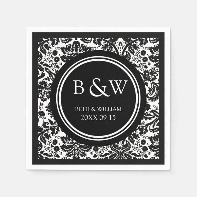 Custom Monogram Wedkin Schwarz-weiß Damask Serviette (Vorderseite)