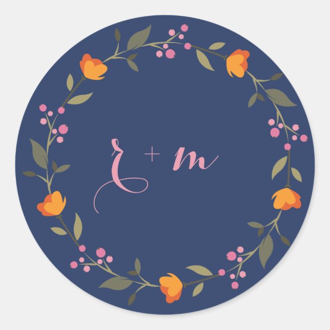 Custom Monogram Whimsical Floral Wreath Wedding Runder Aufkleber (Vorderseite)