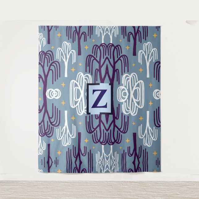 Custom Monogram Willow Tree Blue Wall Tapestes Wandteppich (Vorderseite)