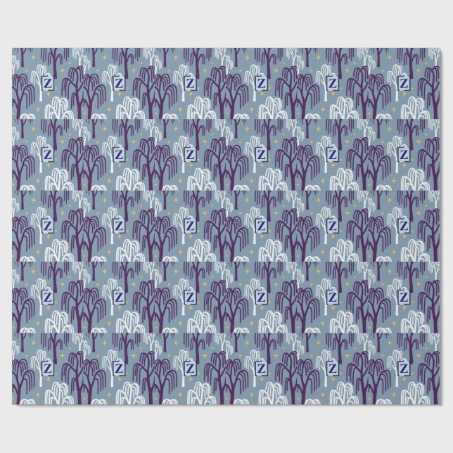 Custom Monogram Willow Tree Blue Wrapping Paper Geschenkpapier (Flach)
