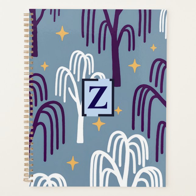 Custom Monogram Willow Tree Muster Blue Planner Planer (Vorderseite)