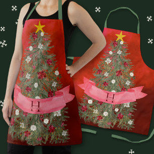 Custom Monogram Xmas Red Watercolor Weihnachtsbaum Schürze