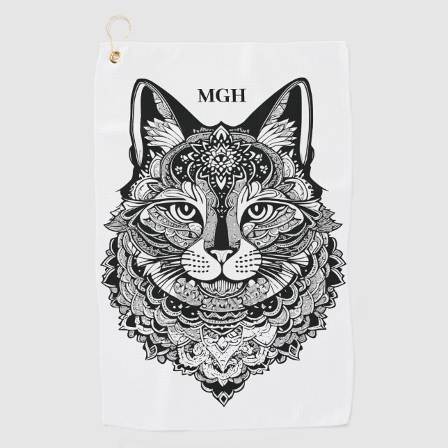 Custom Monogram Zierkatze Golfhandtuch (Vorderseite)