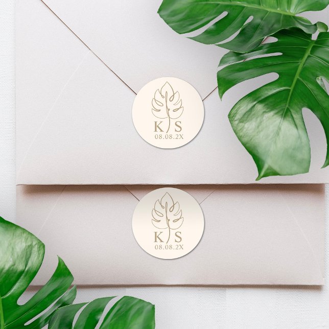 Custom Monstera Monogram Wedellogo Runder Aufkleber (Von Creator hochgeladen)