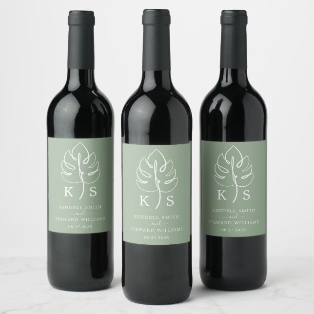 Custom Monstera Monogram Wedellogo Weinetikett (Flaschen)