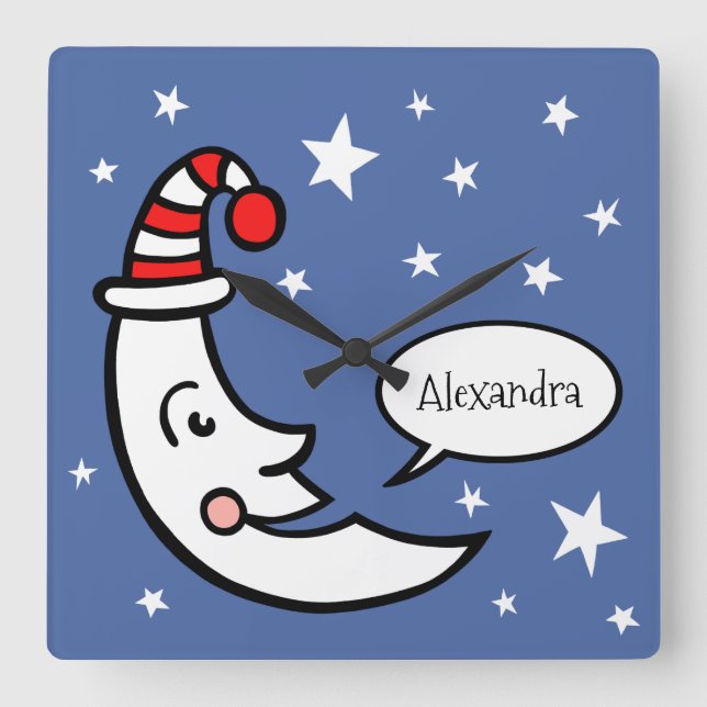 Custom Moon Face and Stars Quadratische Wanduhr (Vorderseite)