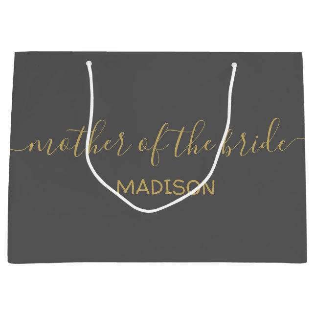 Custom Mother the Bride Name Gold Script Gray Große Geschenktüte (Vorderseite)