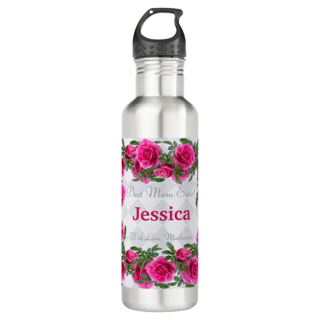Custom Mother's Day Gift Personalisiert rosa Blume Edelstahlflasche (Vorderseite)