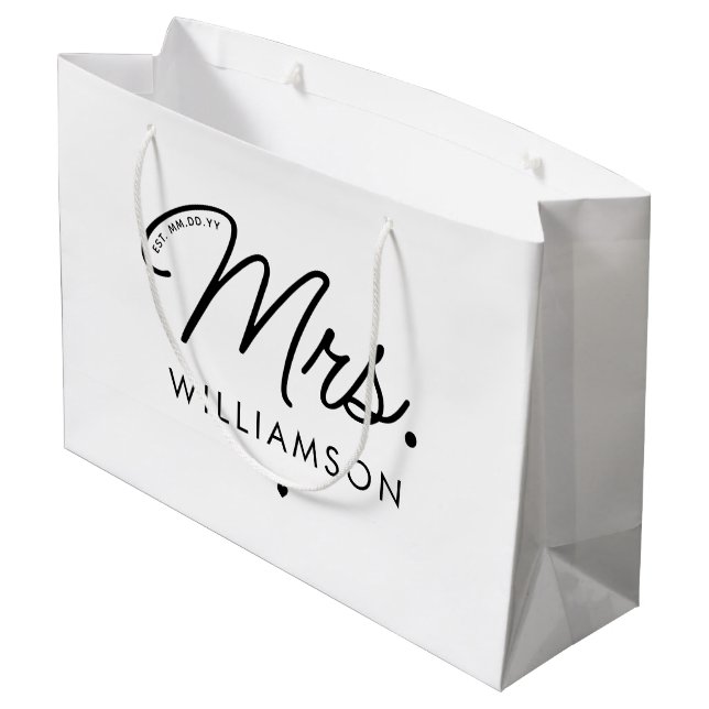 Custom Mrs. Est. Modernes, elegantes Script neu Große Geschenktüte (Rückseite Schrägansicht)