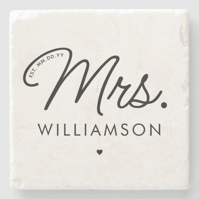 Custom Mrs. Est. Modernes, elegantes Script neu Steinuntersetzer (Vorderseite)