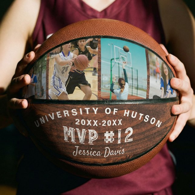 Custom MVP Player Number Foto Collage Woodgrain Basketball (Custom MVP Player Number Photo Collage Woodgrain Basketball)