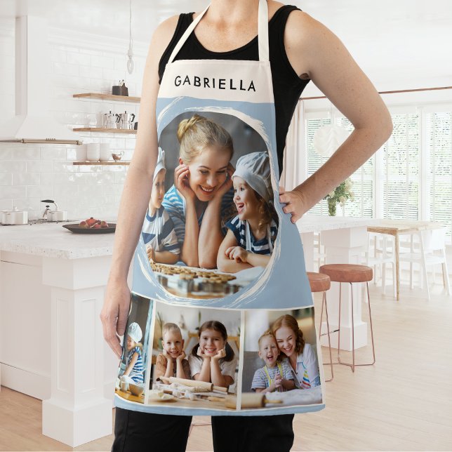 Custom Name 4 Photo Collage Elegant Blue Kitchen Schürze (A stylish kitchen apron in light blue and cream, with four custom photos and personalized name)