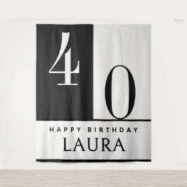Custom Name & Age Banner, Black and White Birthday Wandteppich