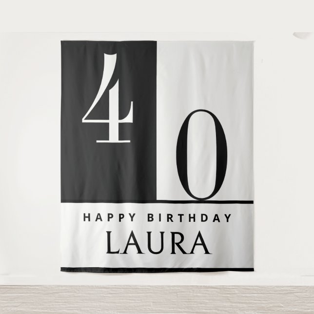 Custom Name & Age Banner, Black and White Birthday Wandteppich (Vorderseite)
