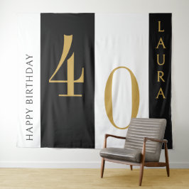 Custom Name & Age Banner Black Gold White Birthday Wandteppich