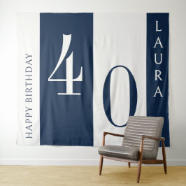 Custom Name & Age Banner, Navy and White Birthday Wandteppich
