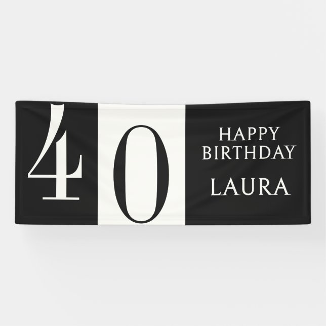 Custom Name & Age Black White Birthday Horizontal Banner (Horizontal)