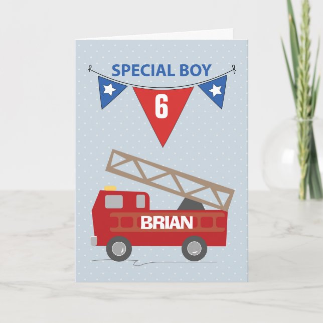 Custom Name and Age, 6th Birthday, Boy, Firetruck Karte (Vorderseite)