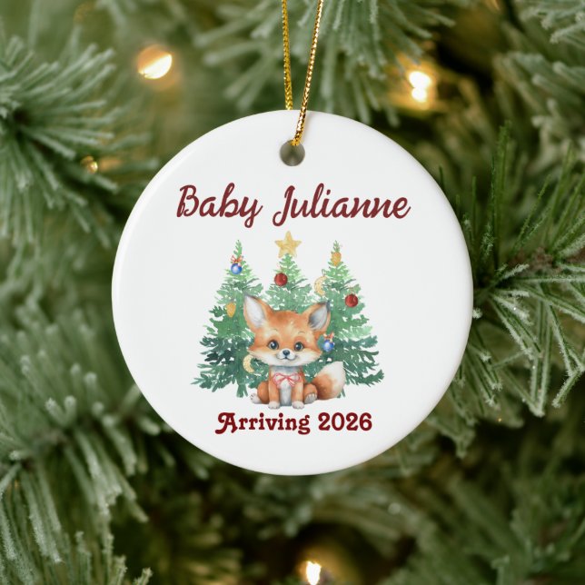 Custom Name Baby Announcement Fox Christmas Keramik Ornament (Baum)