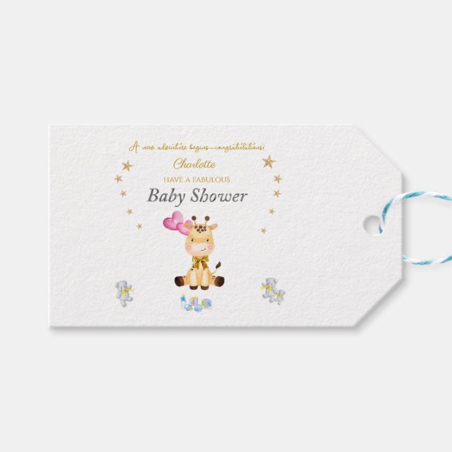 Custom Name Baby Giraffe balloons Baby Shower Geschenkanhänger (Vorderseite (Horizontal))