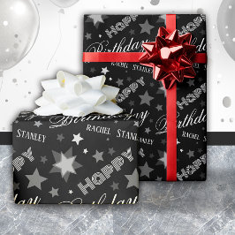 Custom Name Birthday Modern Script Stars Geschenkpapier
