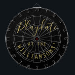 Custom Name Black Gold Playdate Script Minimalist Dartscheibe<br><div class="desc">Personalized dartboard with a family name for example. Simple minimalist minimal design with the customizable phrase quote saying Playdate at the family name. Premium neutral black and gold look with a combination of trendy handwriting script calligraphy and a modern clean sans serif font typography. Playing darts game at family and...</div>