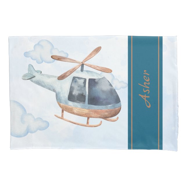 Custom Name Blue Watercolor Helicopter Boys Kissenbezug (Vorderseite)