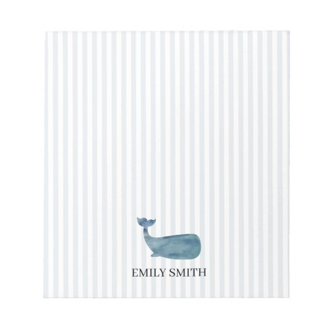 Custom Name Blue Whale Nautical Stripe Notizblock (Vorderseite)