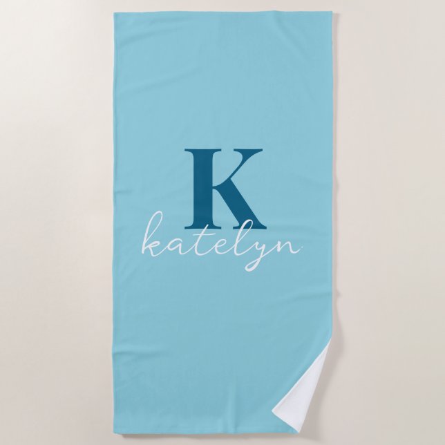 Custom Name Blue White Minimal Beach Towel Strandtuch (Vorderseite)