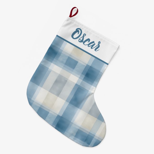 Custom Name Blue & White Plaid Christmas Stocking Großer Weihnachtsstrumpf (Vorderansicht (hängend))