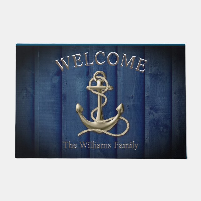 Custom Name Blue Wood Anchor Nautical Beach House  Fußmatte (Vorderseite)