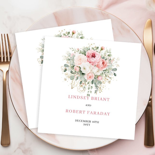 Custom Name Boho Blush Floral Gold Wedding Napkins Serviette (Custom Boho Blush Floral Gold Wedding Napkins)
