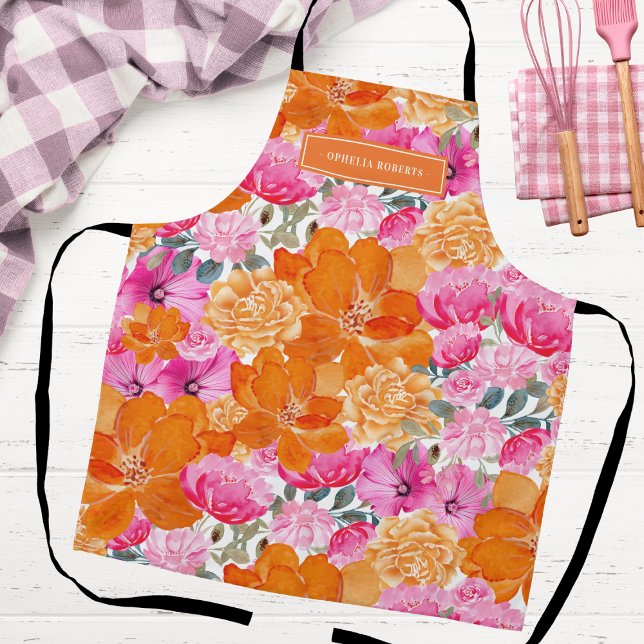 Custom Name Bright Orange Pink Floral Kitchen Schürze (Von Creator hochgeladen)