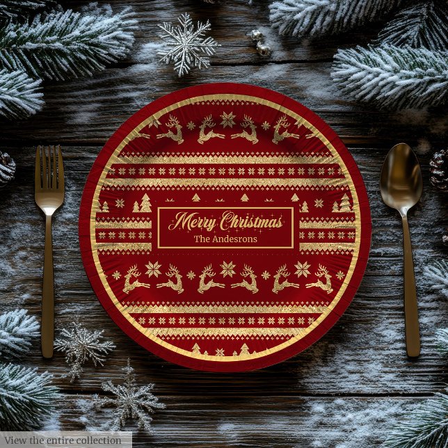 Custom Name Christmas Paper Plates Luxe Red Gold Pappteller (Custom Name Christmas Paper Plates Luxe Red Gold)
