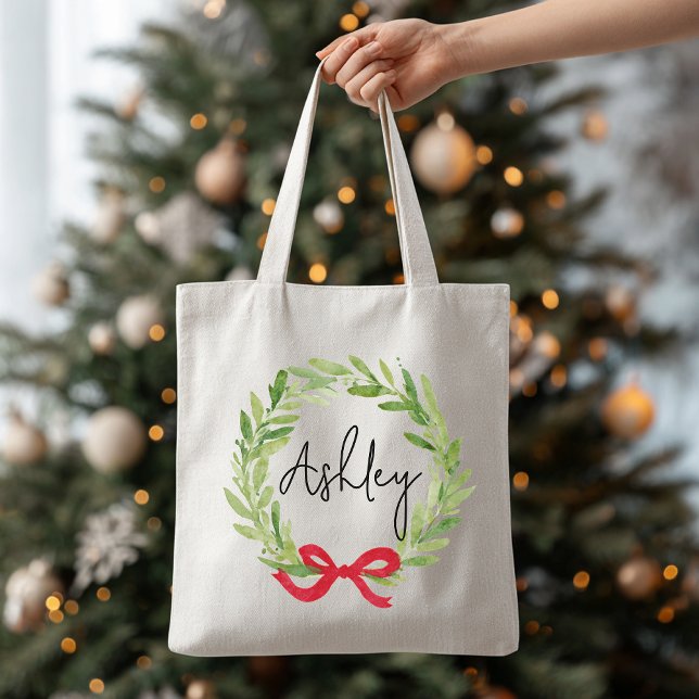 Custom Name Christmas Wreath Tote Bag for Women Tragetasche (personalized christmas tote, custom holiday tote, christmas wreath bag, holiday gift for her,)