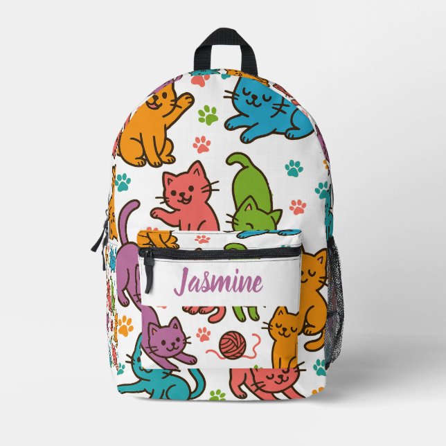 Custom Name Colorful Cartoon Cat Backpack – Kids  Bedruckter Rucksack (Vorderseite)