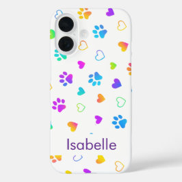 Custom Name Colorful Paw Print Pattern iPhone 16 Hülle