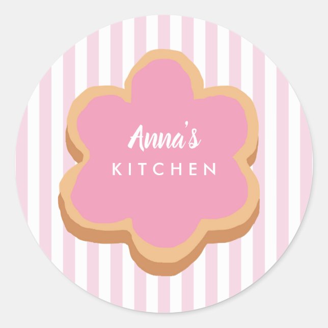 Custom Name Cookie Pink Stripe Kitchen Runder Aufkleber (Vorderseite)