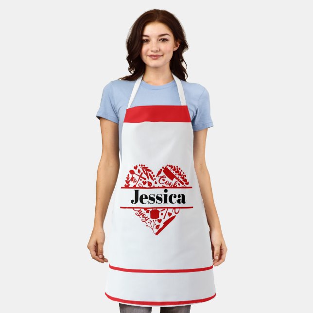 Custom Name Cooking Apron with Red Heart Design Schürze (Getragen)