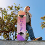 Custom Name Cool Retro Purple Brush Strokes Skateboard<br><div class="desc">Custom Name Cool Retro Purple Brush Strokes Skateboard Your personalized name on retro brush stroke background in orange, pink and purple. Personalize by editing the text in the text box provided. Give a custom made gift, personalized skateboard to your favorite skateboarder for Christmas, birthday or your BFF. Designed by ©Evco...</div>