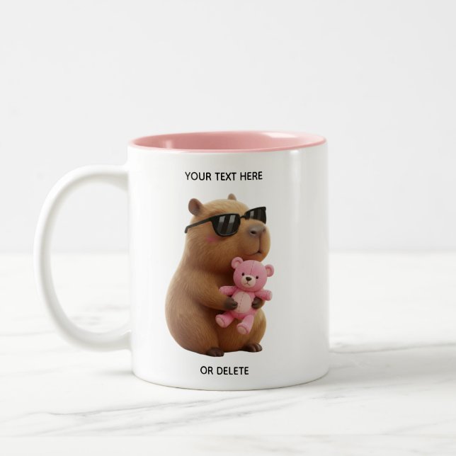 Custom Name Cute Capybara Teddy Bear Pink Mug Zweifarbige Tasse (Links)