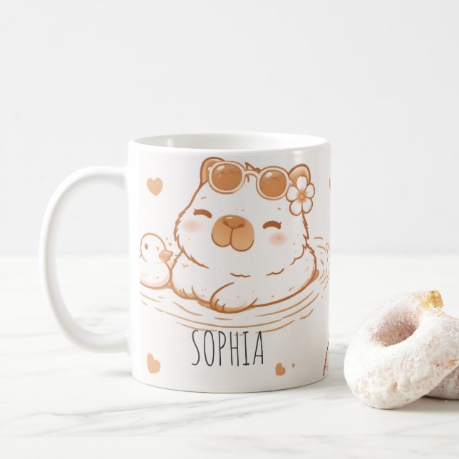 Custom Name Cute Capybara With Sunglasses Kids Kaffeetasse (Mit Donut)