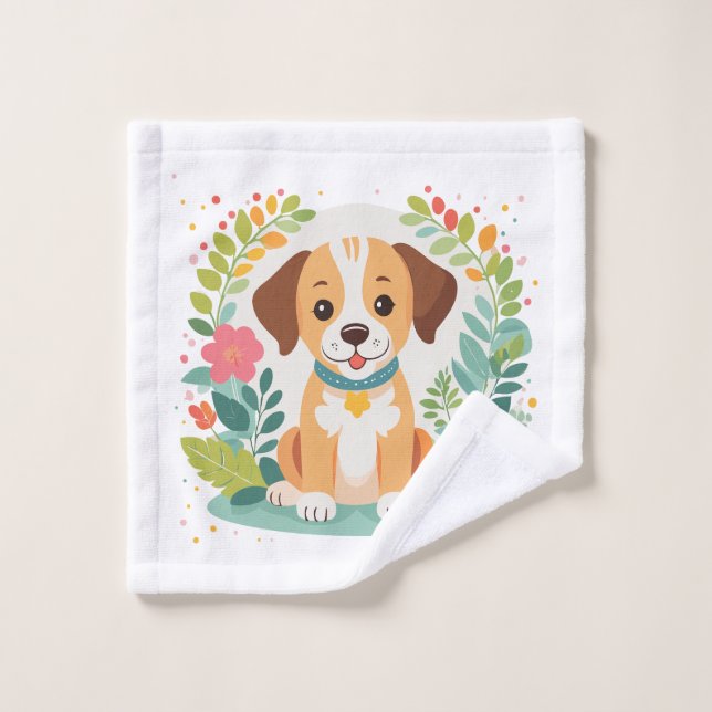 Custom Name Cute Floral Dog Puppy Kids Badhandtuch Set (Waschlappen)