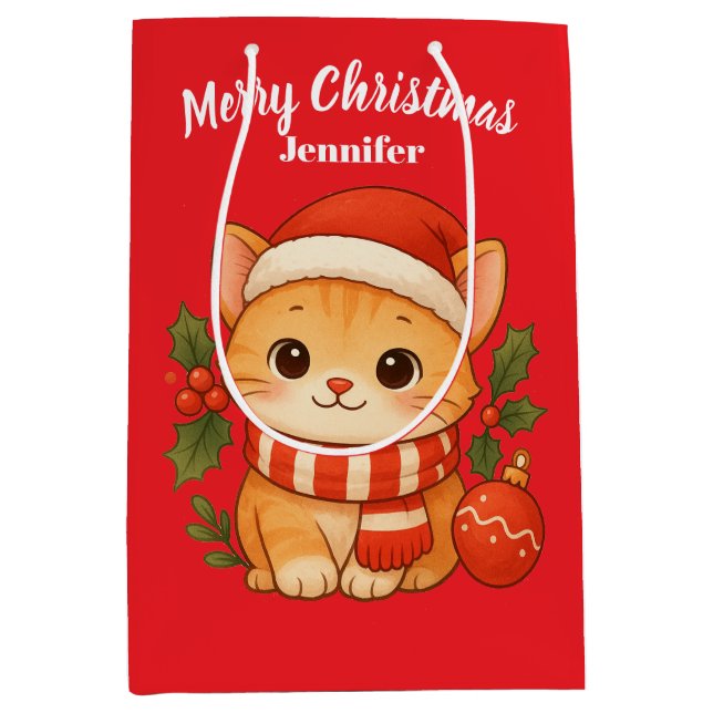 Custom Name Cute Kitten Merry Christmas Gift Bag Mittlere Geschenktüte (Vorderseite)