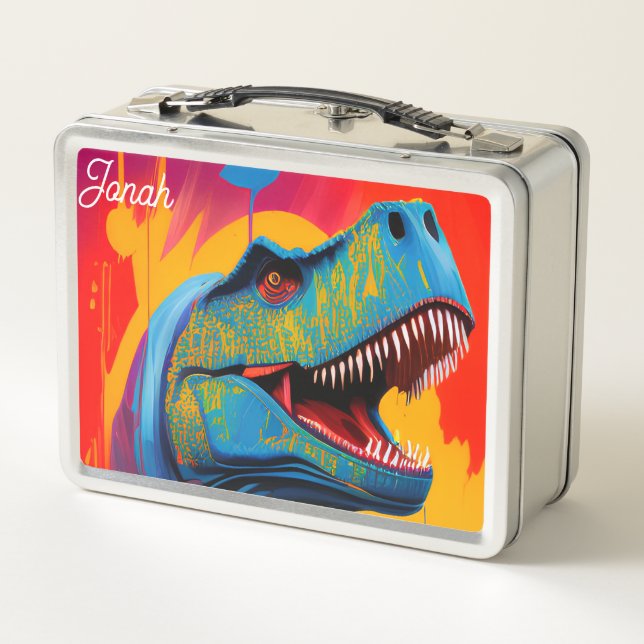 Custom Name Dinosaur Lunch Box - T-Rex Metal Box (Rückseite)