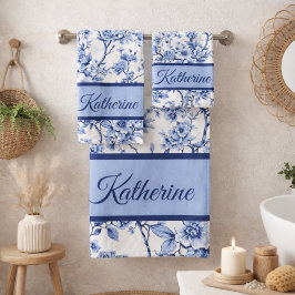 Custom Name Elegant French Vintage Blue Floral Badhandtuch Set
